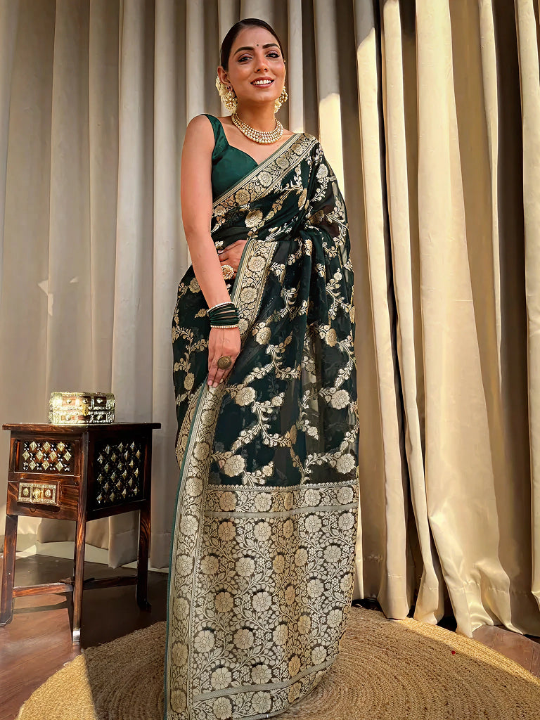 Emerald dark Green Jacquard Saree