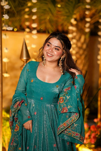 Emerald Teal Cruncy Silk Anarkali Suit Set