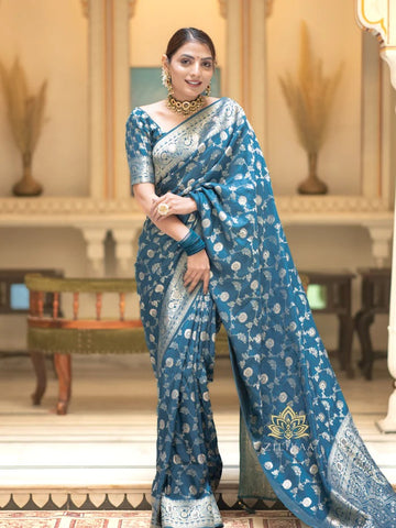 Tea Blue Jacquard Saree – Elegant Woven Saree for Festive, Party & Wedding Wear
