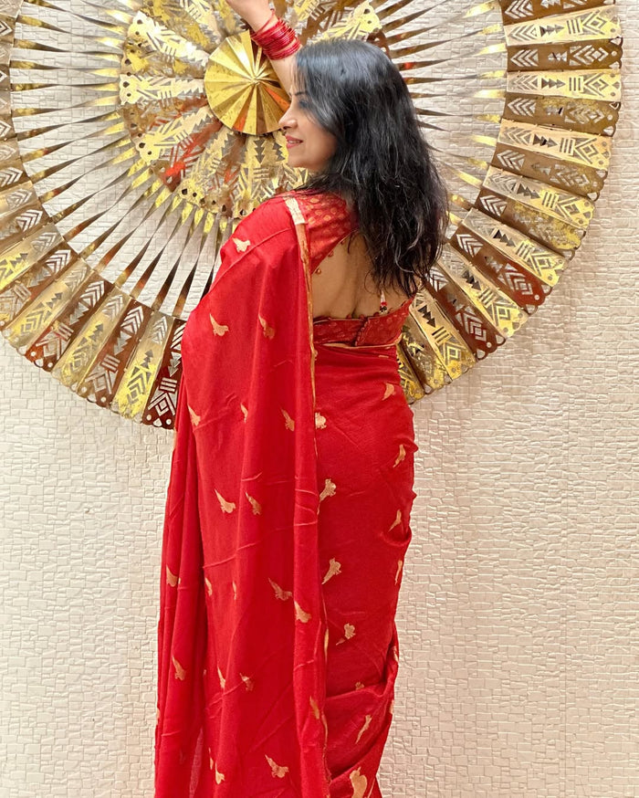 Radiant Red Jacquard Saree for Festive & Party Elegance