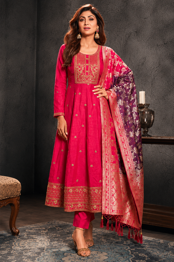 Banarasi Silk Anarkali Kurti Pant Dupatta Set