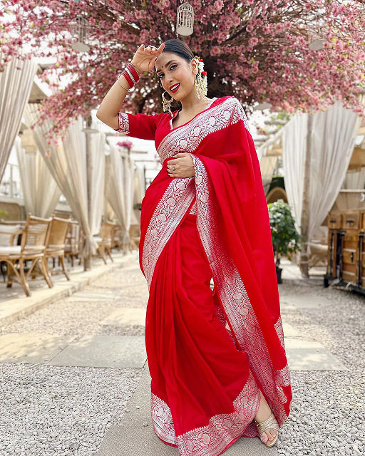 Red Jacquard Saree – Elegant & Festive Indian Ethnic Wear