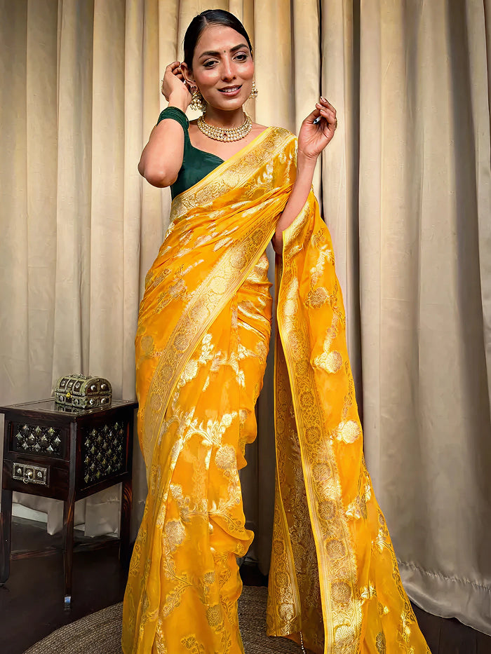 Radiant Yellow Jacquard Saree for Festive Elegance – Premium Woven Traditional Wear