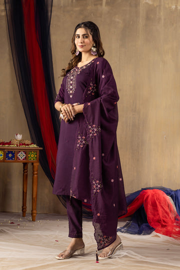 Ruhani Wine Roman Silk Embroidered Kurta Pant Set