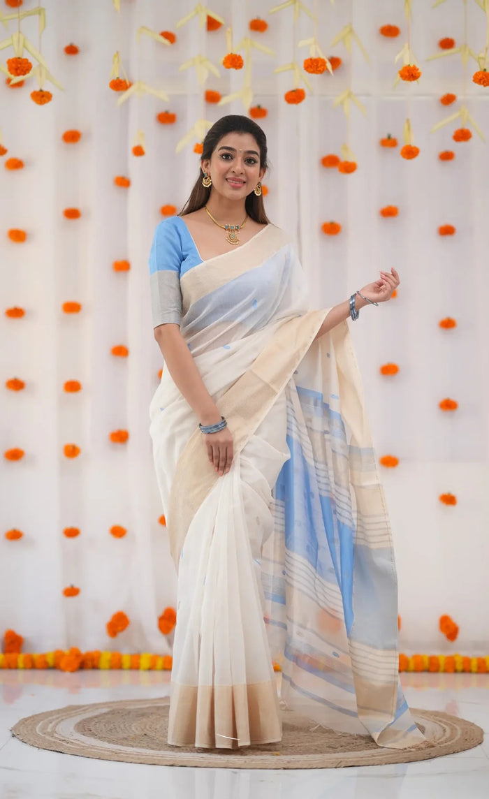 Sky Blue Jacquard Saree for Women – Elegant Soft Weave Festive Wear