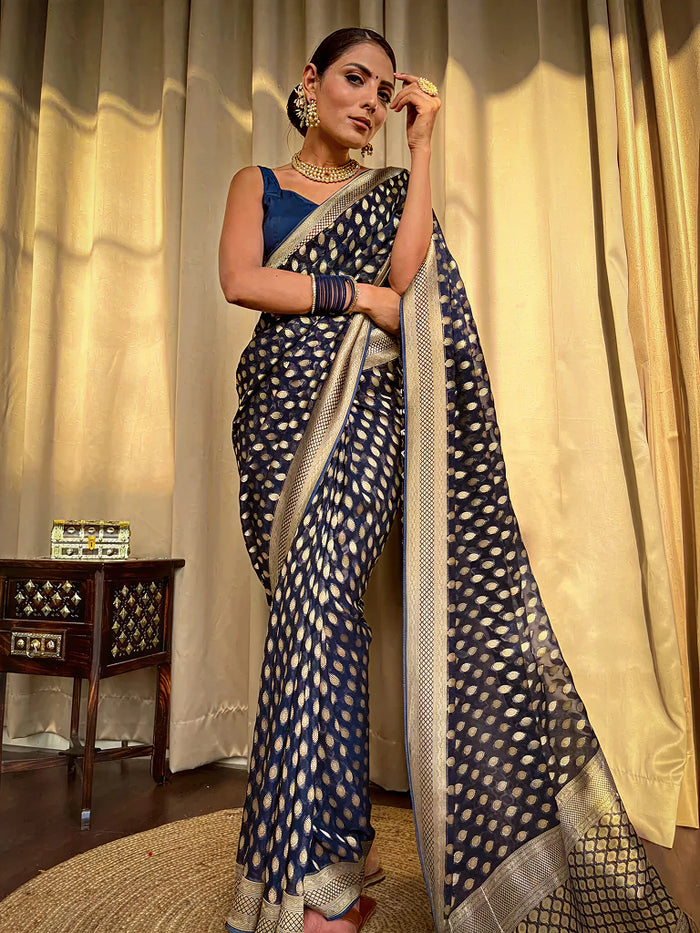 Luxurious Navy Blue Jacquard Saree – Elegant Woven Design for Festive & Party Wear