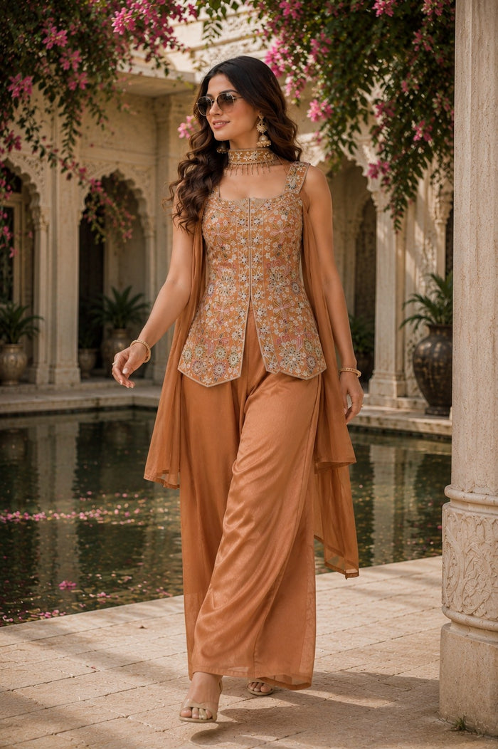 Rust Chinon Embroidered Stitched Suit Set