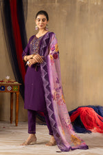 Purple Roman Silk Embroidered Kurta Pant Set with Dupatta