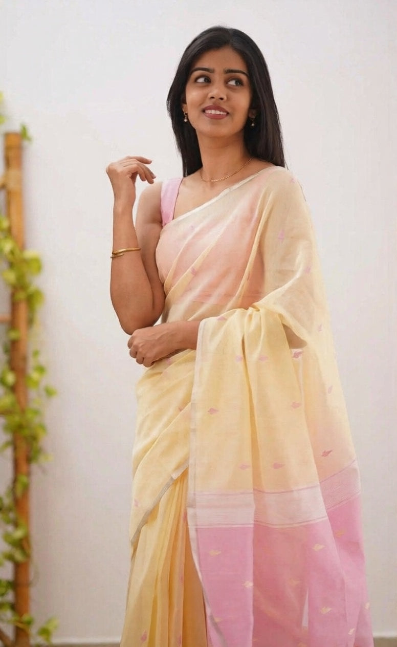 Yellow Pink Jacquard Saree