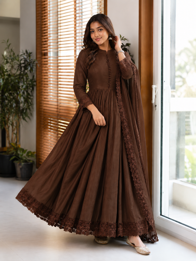Roman Silk Embroidered Gown with Bottom & Dupatta