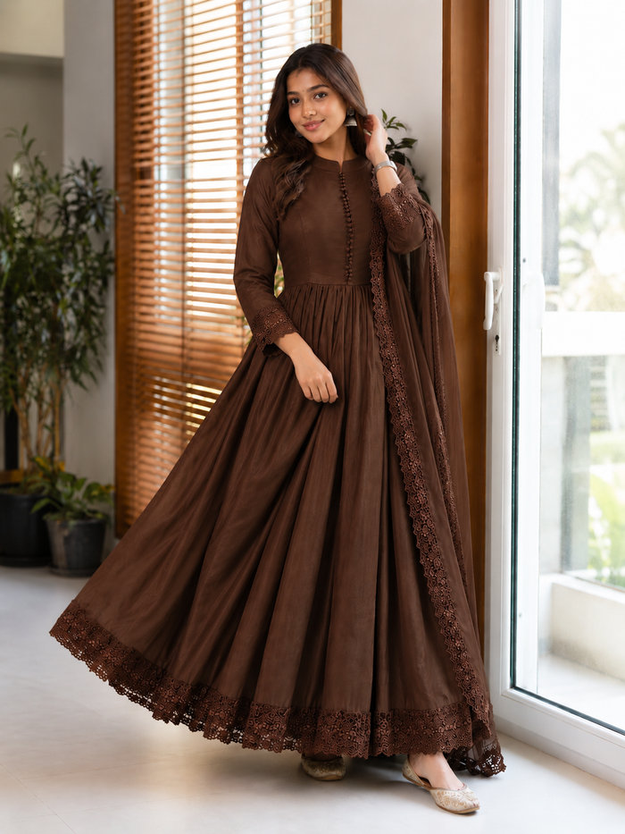 Roman Silk Embroidered Gown with Bottom & Dupatta