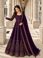 Purple Crunchy Silk Embroidered Anarkali Gown Set
