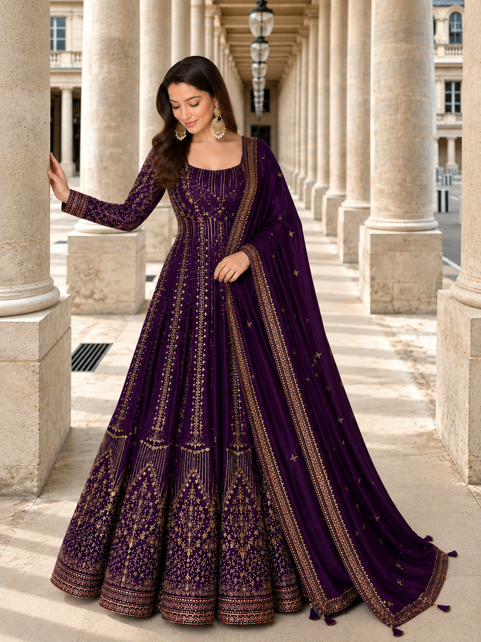 Purple Crunchy Silk Embroidered Anarkali Gown Set