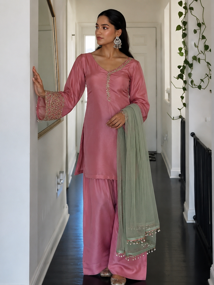 Pink Embroidered Kurta Pant Set