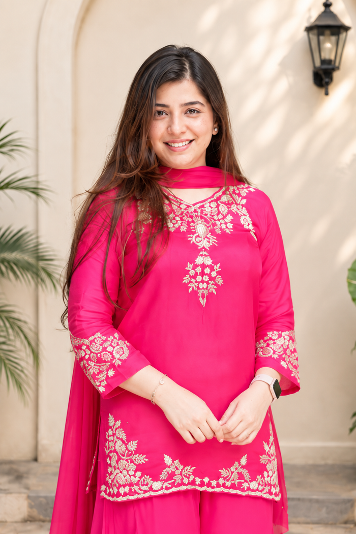 Premium Pure Mul Chanderi Handwork Suit Set – Top, Palazzo & Chiffon Dupatta