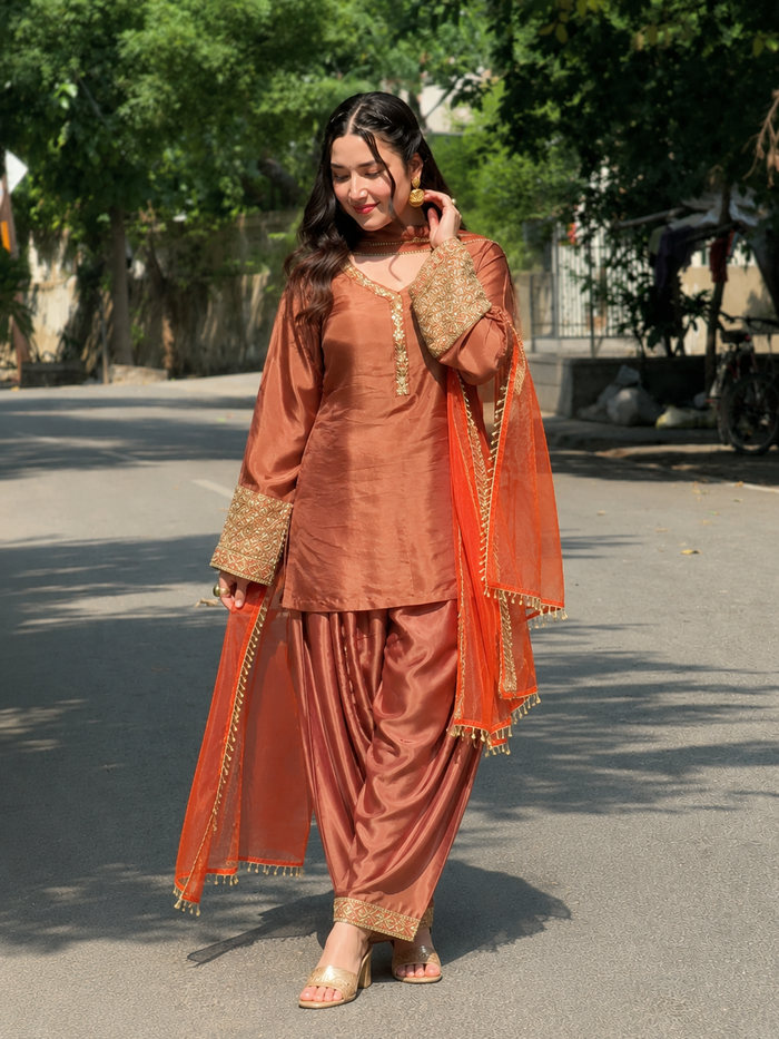 Copper Brown Embroidered Kurta Pant Set