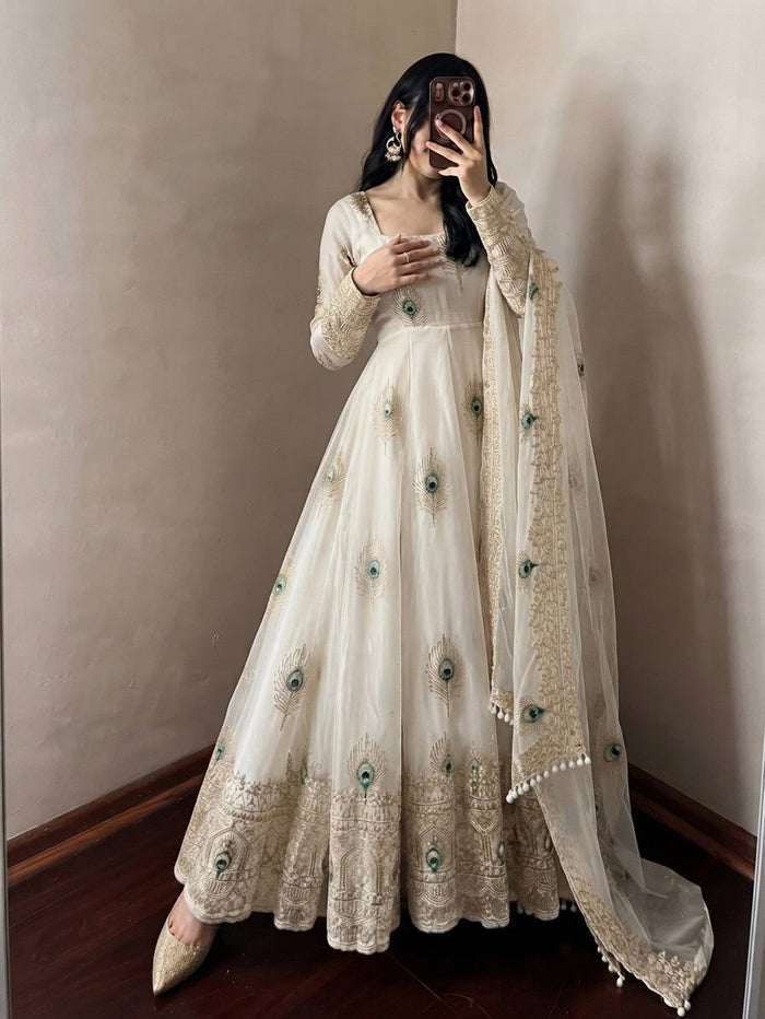 White Silk Embroidered Anarkali Gown