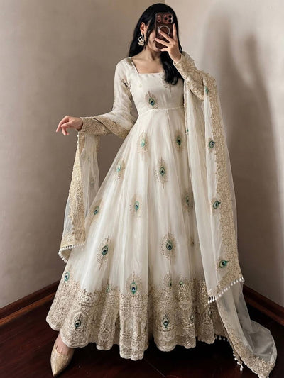 White Silk Embroidered Anarkali Gown