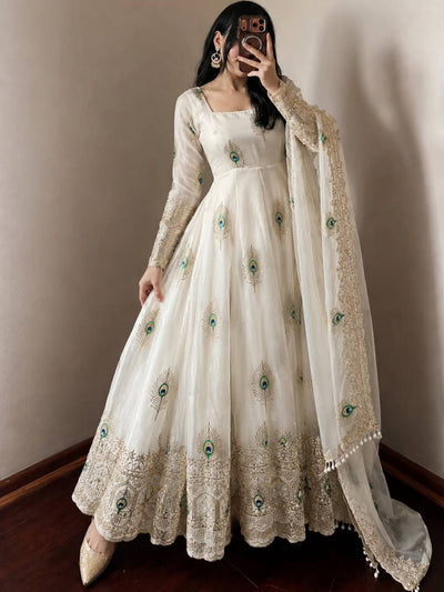 White Silk Embroidered Anarkali Gown