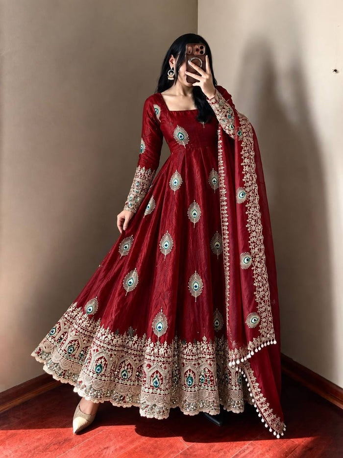 Wine Red Silk Embroidered Anarkali Gown