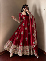 Wine Red Silk Embroidered Anarkali Gown