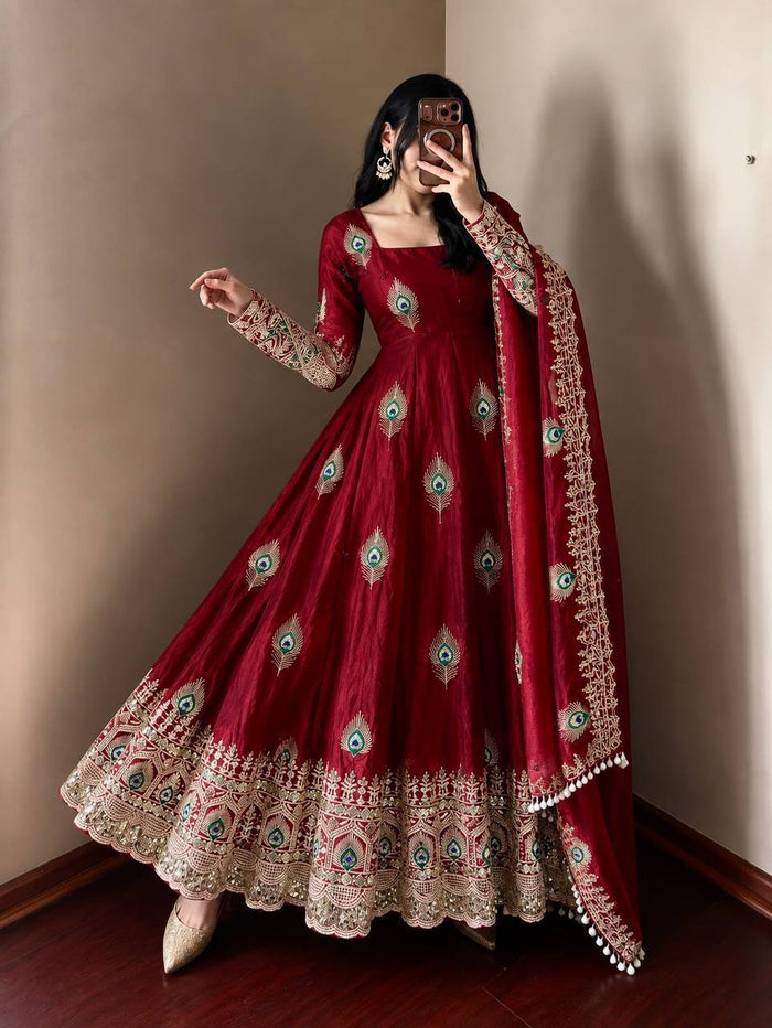 Wine Red Silk Embroidered Anarkali Gown