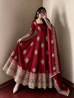 Wine Red Silk Embroidered Anarkali Gown