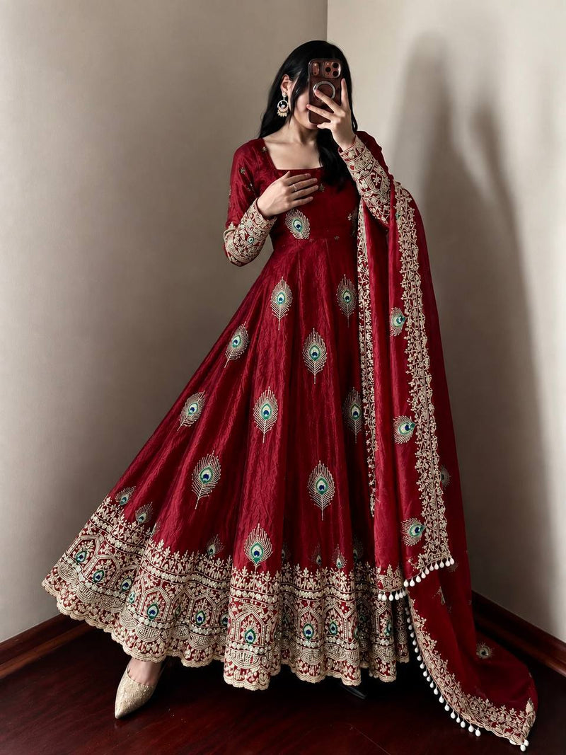 Wine Red Silk Embroidered Anarkali Gown