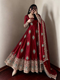 Wine Red Silk Embroidered Anarkali Gown