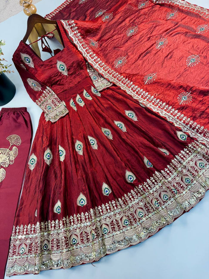 Wine Red Silk Embroidered Anarkali Gown