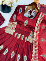 Wine Red Silk Embroidered Anarkali Gown