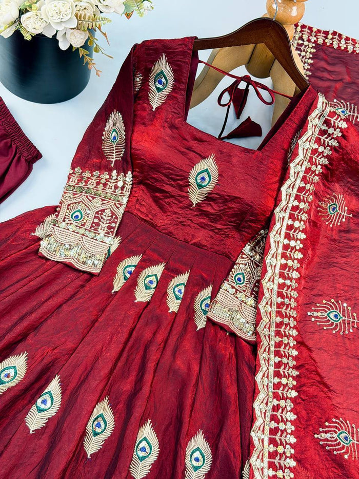Wine Red Silk Embroidered Anarkali Gown