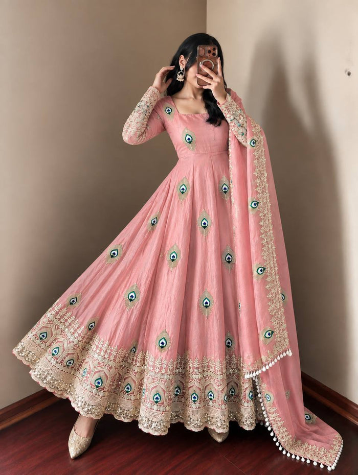 Baby Pink Silk Embroidered Anarkali Gown