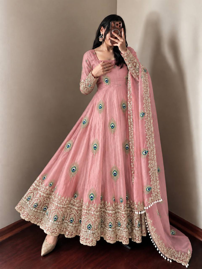 Baby Pink Silk Embroidered Anarkali Gown