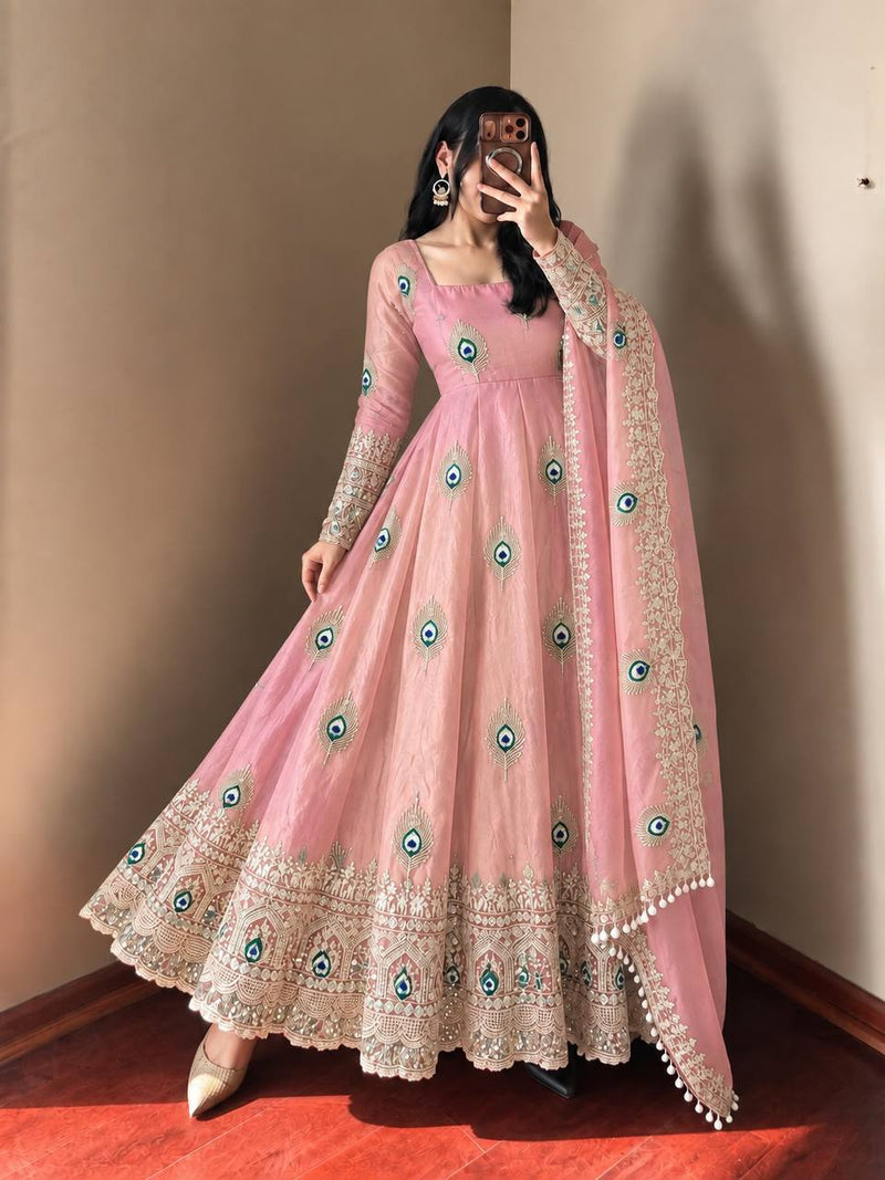 Baby Pink Silk Embroidered Anarkali Gown