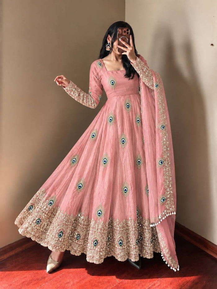 Baby Pink Silk Embroidered Anarkali Gown