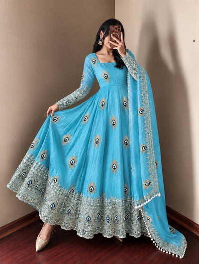 Sky Blue Silk Embroidered Anarkali Gown
