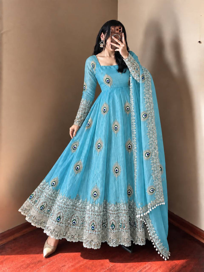 Sky Blue Silk Embroidered Anarkali Gown