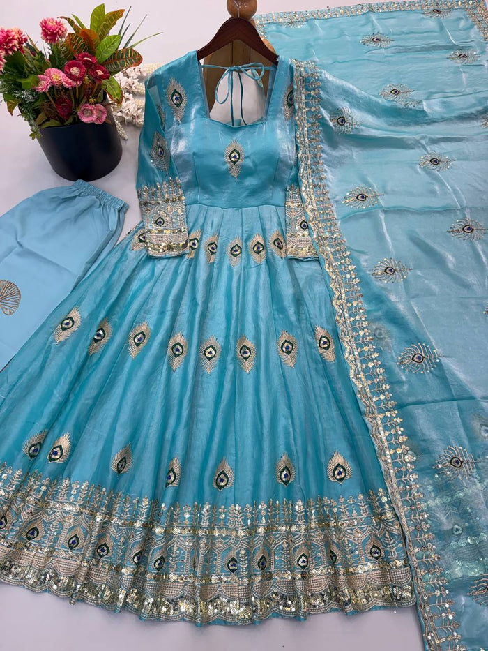 Sky Blue Silk Embroidered Anarkali Gown