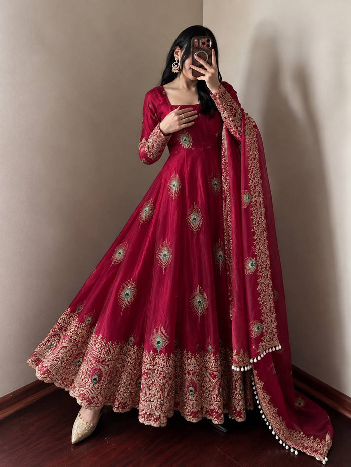 Fuchsia Pink Silk Embroidered Anarkali Gown
