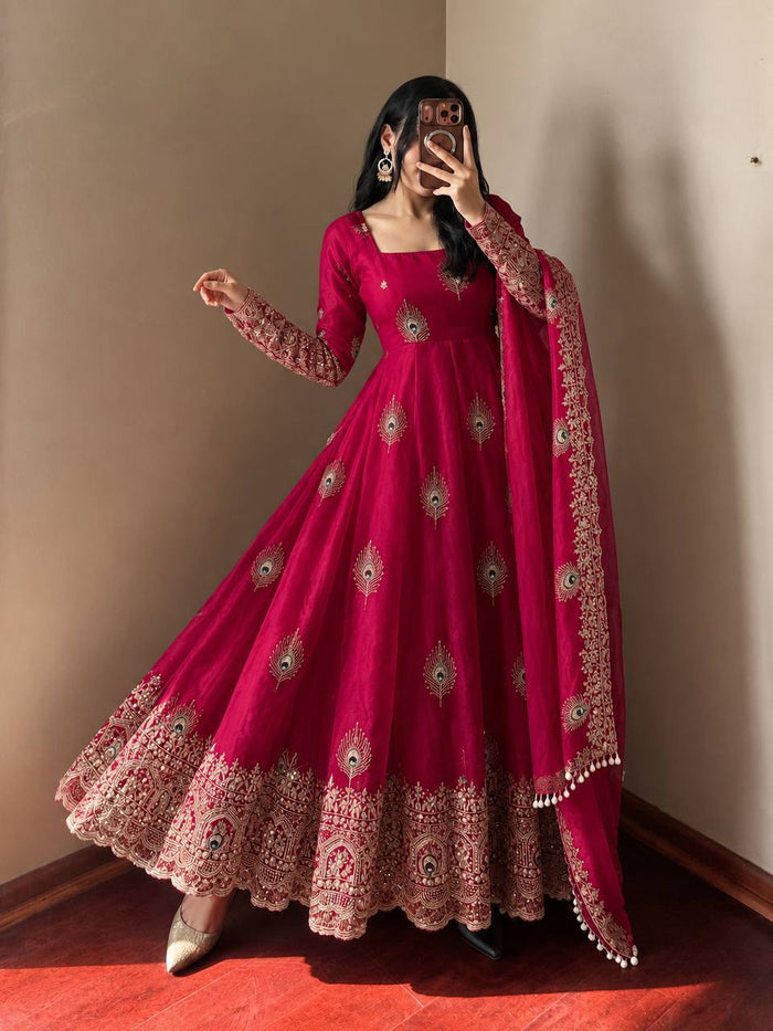Fuchsia Pink Silk Embroidered Anarkali Gown