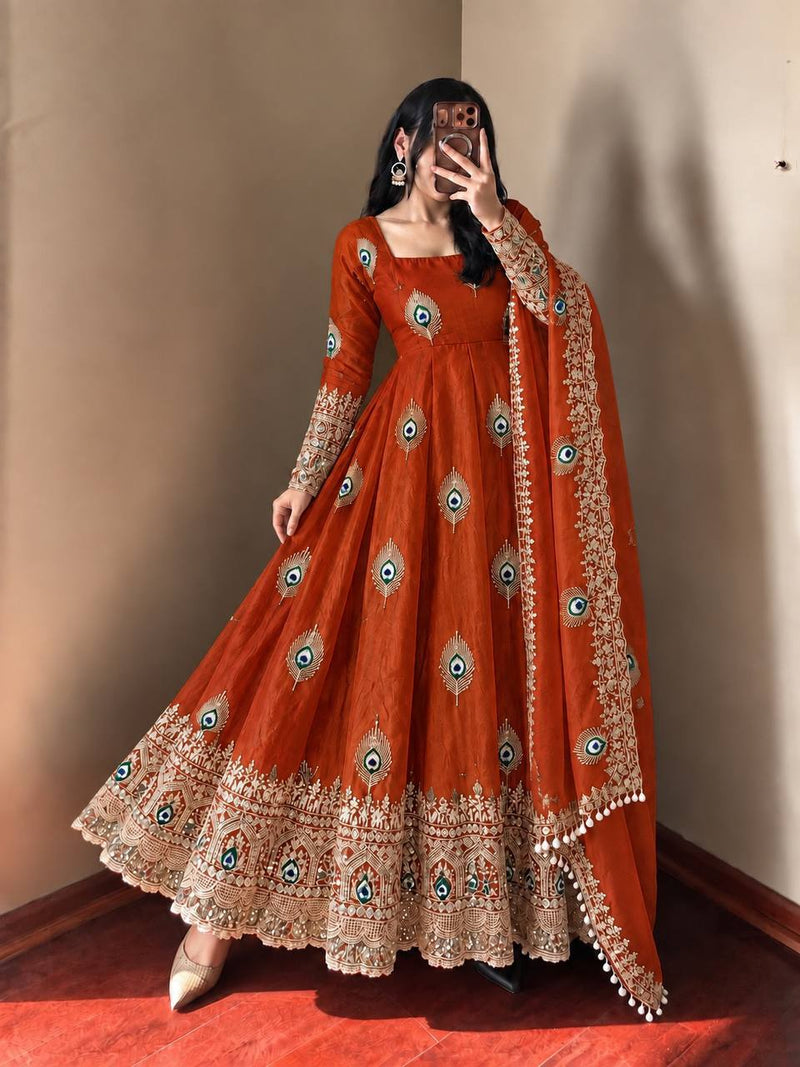 Rust Orange Silk Embroidered Anarkali Gown