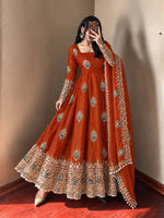 Rust Orange Silk Embroidered Anarkali Gown