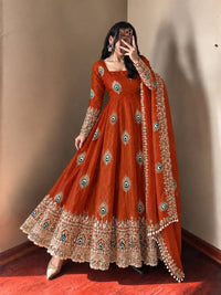 Rust Orange Silk Embroidered Anarkali Gown
