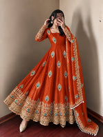 Rust Orange Silk Embroidered Anarkali Gown