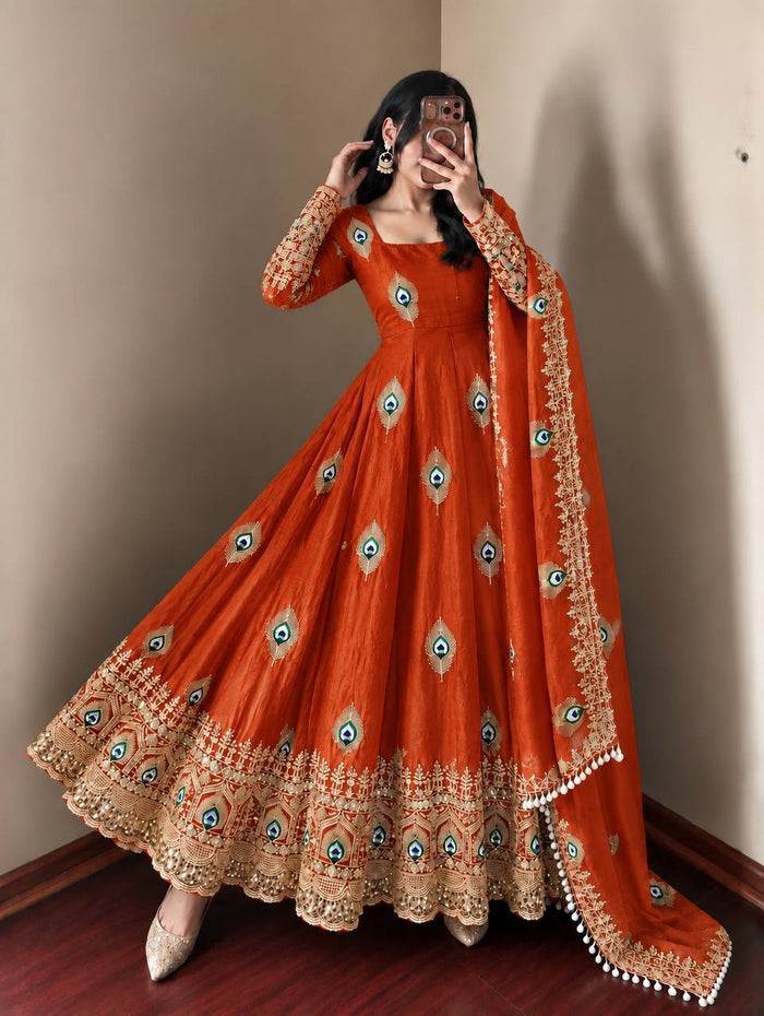 Rust Orange Silk Embroidered Anarkali Gown