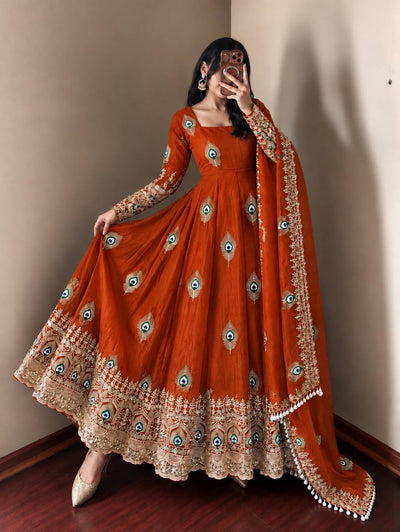 Rust Orange Silk Embroidered Anarkali Gown