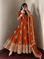 Rust Orange Silk Embroidered Anarkali Gown