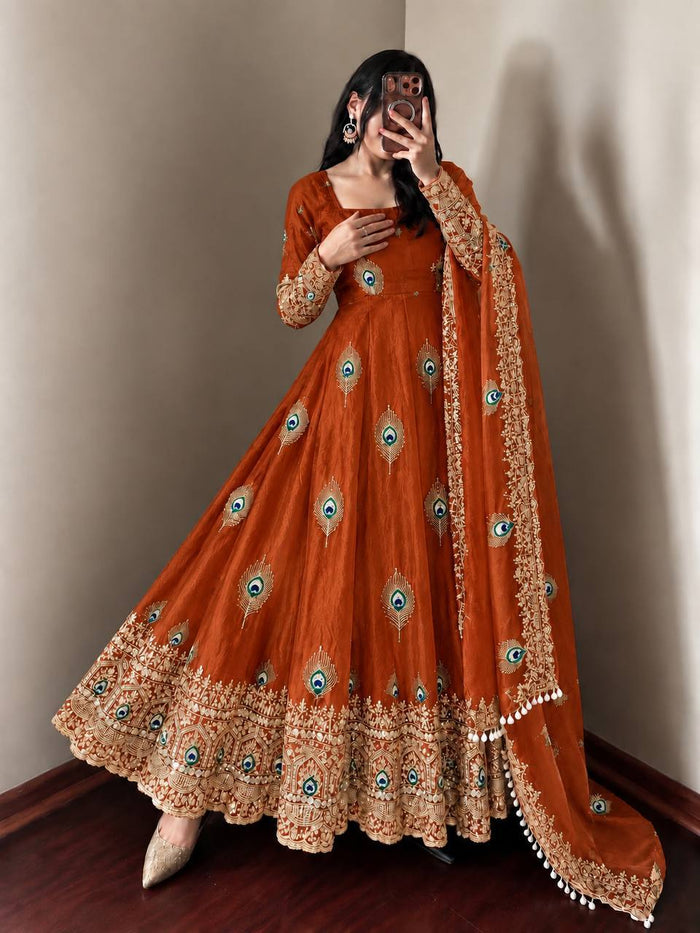 Rust Orange Silk Embroidered Anarkali Gown