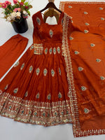 Rust Orange Silk Embroidered Anarkali Gown